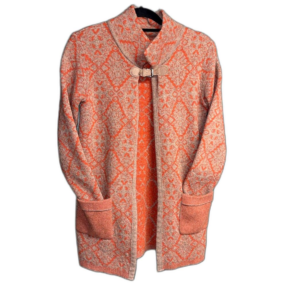 Chiaramente Wool Blend jacquard Cardigan Sweater– Made in Italy– Orange/Beige S